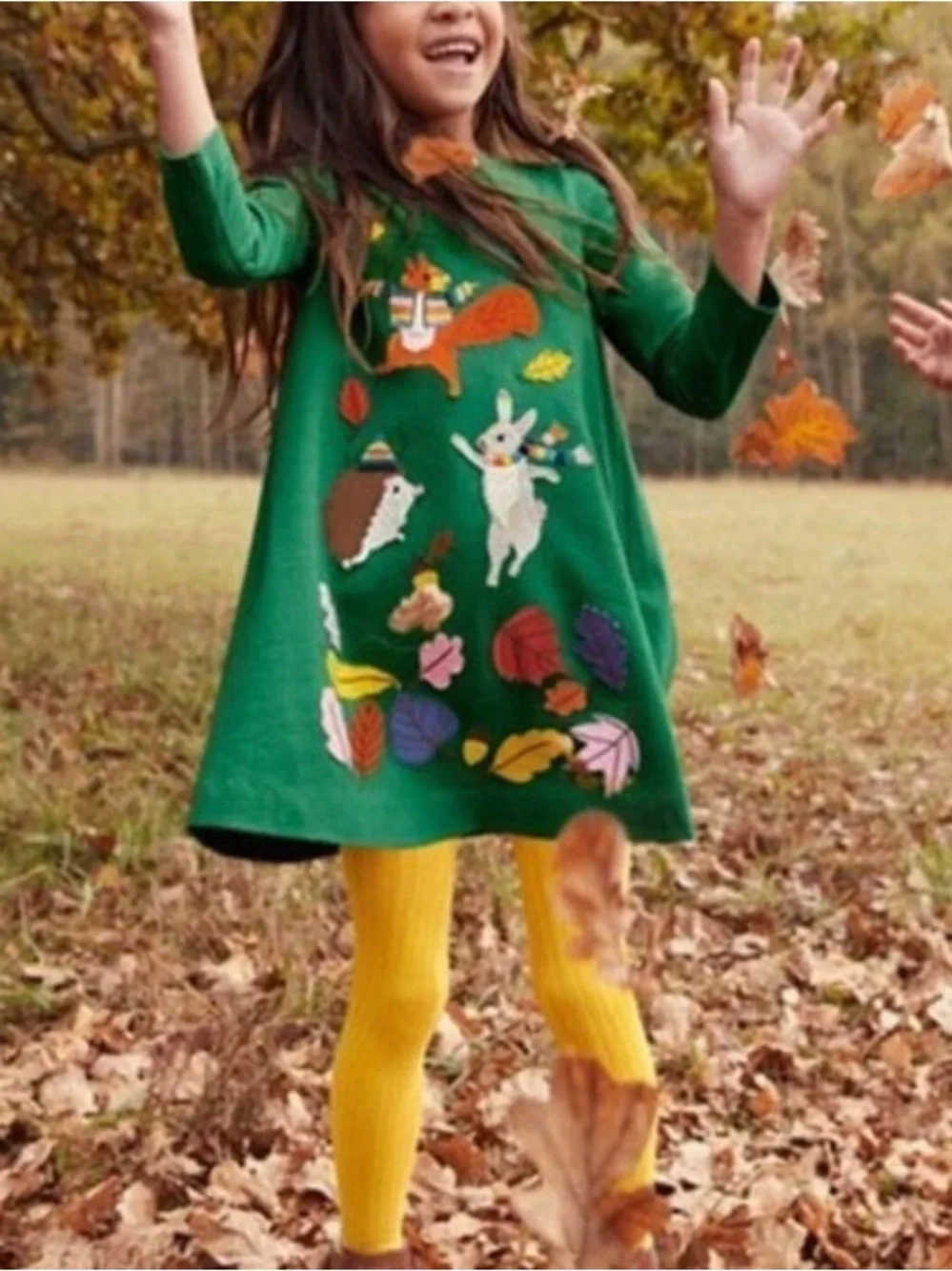 Mini Boden Green Woodland Friends Appliqué Kids Dress 11-12 YRS